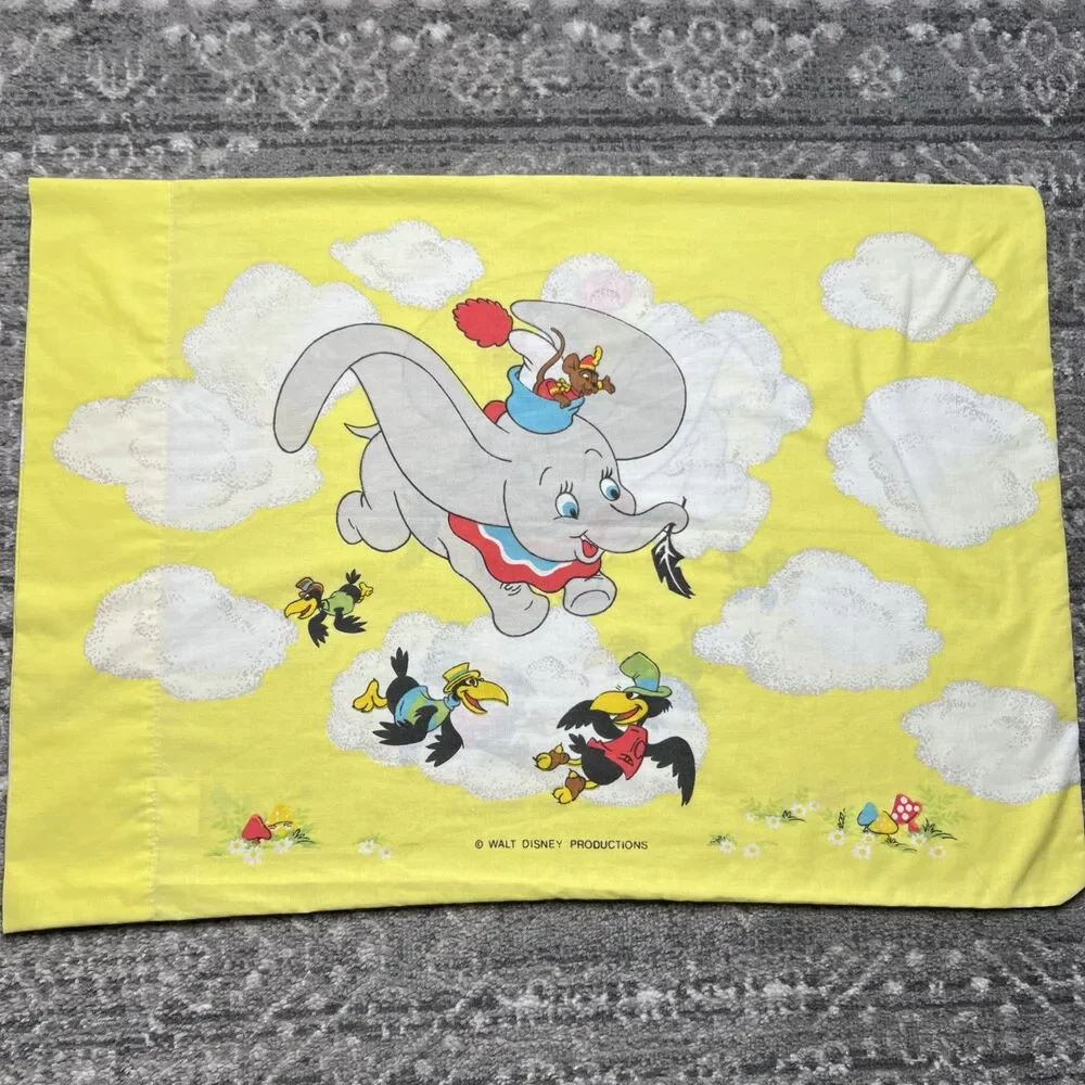Rare Vtg 80's Walt Disney Dumbo Circus Yellow Pillow Case Crows Mushrooms 30x20